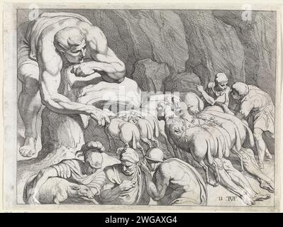 Odisseo fuggì dalla grotta di Polifemo, Theodoor van Thulden, dopo Francesco Primaticcio, 1632 - 1633 stampa il Gigante Polifemo realizzato da Odisseo cieco apre la sua grotta per far uscire il suo branco di pecore. Odisseo e i suoi uomini fuggono dal gigante appesi sotto gli arieti e le pecore. Incisione/incisione di carta di Parigi Ulisse e i suoi uomini scivolano nascosti sotto i montoni Foto Stock