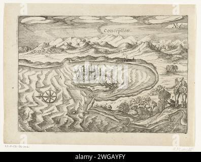 Le navi nella baia di Conceptción, 1615, 1646 stampano le navi nella baia di Conceptción in Cile, il 3 giugno 1615. Parte delle illustrazioni nel rapporto del viaggio di Joris van Spilbergen intorno al mondo, 1614-1617, n. 6. Esplorazione, spedizione, viaggio di scoperta della carta dei Paesi Bassi del Nord. Paesaggi nelle regioni tropicali e subtropicali Conception Foto Stock