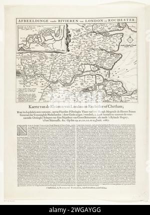 Mappa della foce del Tamigi con il viaggio a Chatham, 1667, 1667 Stampa Mappa della foce del Tamigi in cui il viaggio a Chatham è indicato dalle navi della flotta statale al comando di Admiraal de Ruyter, 20-23 giugno 1667. In alto a sinistra di una scommessa con una carta dettagliata del fiume Medway. Una descrizione viene stampata in 2 colonne sotto la piastra. Tipografia: Olanda settentrionale spublisher: Amsterdam cartaceo/carta stampata mappe di paesi o regioni separati. RAID on the Medway Theems. Medway. Chatham. Rochester. Inghilterra Foto Stock