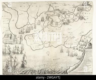 Mappa della foce del Tamigi con il viaggio a Chatham, 1667, 1667 Stampa Mappa della foce del Tamigi sulla quale il viaggio a Chatham è indicato dalle navi della flotta statale al comando di Admiraal de Ruyter, 20-23 giugno 1667. A sinistra la battaglia intorno a Sheerness, sopra le navi olandesi sul fiume Medway. In basso a destra un leone su un piedistallo su cui la leggenda A-V. Tipografia: Northern Netherlandspublisher: Amsterdam cartaceo che incide mappe di paesi o regioni separati. battaglia (+ forza navale). RAID on the Medway Theems. Sheerness. Medway. Chatham. Rochester Foto Stock