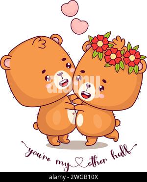 Gli orsi felici in amore. Coppia romantica orso e orsacchiotto con corona di fiori. Simpatici personaggi kawaii degli animali. Tessera di san valentino con amore Illustrazione Vettoriale