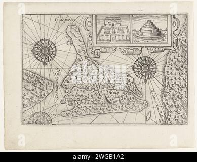 Mappa di Bali, 1597, 1646 Stampa Mappa dell'isola di Bali, febbraio 1597. In cima un cartiglio con due strutture: A sinistra un edificio con giardino murato, a destra uno stupa. Non appartiene alle illustrazioni originali nel rapporto di viaggio del primo Schipvaert da Cornelis de Houtman alle Indie Orientali nel 1595-1597. No. 41. Esplorazione dell'incisione cartacea dei Paesi Bassi del Nord, spedizione, viaggio di scoperta. paesaggi nelle regioni tropicali e subtropicali. Mappe di diversi paesi o regioni Bali Foto Stock