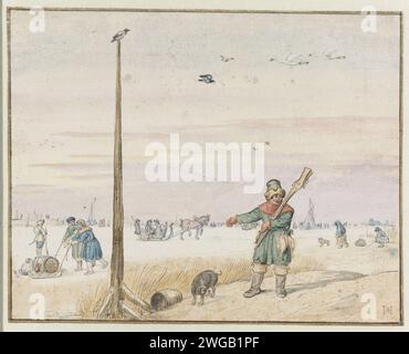 Paesaggio invernale con un cacciatore di anatre con Game in His Belt e la sua pistola Over His Shoulder on the Bank of a Frozen River, Hendrick Avercamp, c. 1625 - c. 1630 disegnare Un cacciatore di anatre con il bottino sulla cintura e la pistola sulla spalla, sul bordo di un acclamato fiume; numerose figure sul ghiaccio. vernice del ponte. acquerello (vernice). inchiostro. penna/spazzola di grafite (minerale) restituita dalla caccia. slitta, slitta (non sportiva). slitta, slitta (sport invernali) Foto Stock