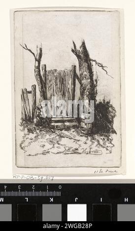 Cancello in legno con canna antipioggia, Jan Gerard Smits, in o prima del 1855 stampa la carta dell'Aia. cancello di incisione, ingresso Foto Stock