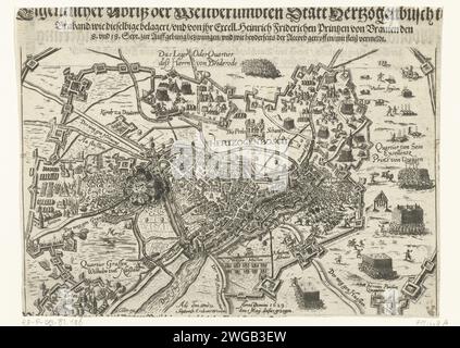 Den Bosch assediò e prese da Frederik Hendrik, 1629, 1629 stampa Plan van den Bosch con l'assedio e la presa da parte dell'esercito di Stato sotto Frederik Hendrik, dal 1 maggio al 17 settembre 1629. Con gli accampamenti militari del principe Frederik Hendrik, del conte Ernst Casimir, del conte Willem e del signore di Brederode. A sinistra l'esplosione quando salta il porto Hinthamer. Stampato anche sul retro con il titolo dell'assedio di Den Bosch, in tedesco. Germania carta incisione mappe delle città. Assedio, mettere guerra al Bosch Foto Stock