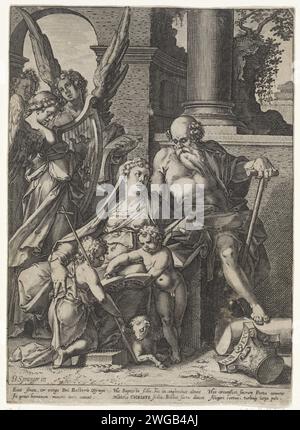 Famiglia Heilige con Johannes de doper, Anonimo, dopo Johann Sadeler (i), dopo Bartholomeus Springs, 1581 - 1676 stampa la Sacra famiglia con Giovanni Battista da bambino. Sullo sfondo tre angeli, uno dei quali suona l'arpa mentre un altro canta. Dopo la stampa di: Colognepublisher: Dutch Republicpublisher: Dutch Republic paper Engraving Holy Family with John the Baptist (as child). angeli che cantano, fanno musica. arpa Foto Stock