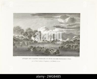 Conquista della flotta d'argento spagnola nella baia di Vigo, 1702, 1755 - 1811 stampa la conquista della flotta d'argento spagnola nella baia di Vigo da parte della flotta combinata inglese e olandese, 23 ottobre 1702. Francia carta incisione battaglia (+ forza navale) Vigo Foto Stock