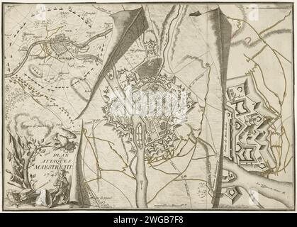 Piano dell'assedio di Maastricht, 1748, 1748 Stampa Mappa dell'assedio della città di Maastricht da parte dei francesi sotto Maurits van Saksen e Lowendal, dal 15 aprile e preso il 7 maggio 1748. Tre illusioniste riviste di curling con mappe di Maastricht e dell'area circostante, la città stessa e un bastione. In basso a sinistra, un cartiglio con un soldato e delle armi in riposo. Gli approcci colorati a mano. Mappe cartacee per incisione/incisione dei Paesi Bassi settentrionali (possibilmente) di paesi o regioni separati. mappe delle città. Fortezza Maastricht Foto Stock