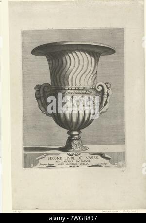 Frontespizio: Secondo Livre de Vases, vaso stampato del 1667 con bordo a ventaglio, frisone con putti e maniglie sotto forma di console con leoni. In basso a destra c'è il numero II, sotto il quale si può ancora vedere il precedente numero 16 (o 26). Pagina 26 dalla serie di 25 fogli, numerati: II (ex 26), 27-50. Tipografia: Francia (possibilmente)dopo il disegno di: France (possibilmente)editore: Paris paper Engraving Foto Stock