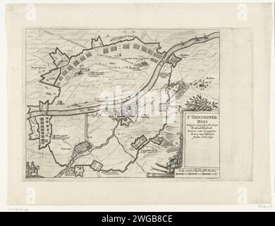Assedio di casa a Gennep, 1641, 1641 - 1649 stampa mappa con la casa a Gennep, assediata e conquistata dall'esercito Staatse sotto Frederik Hendrik, 6 giugno - 27 luglio 1641. Con la circumfallazione degli assedianti, dei loro accampamenti militari e dei vicini villaggi di Gennep, Oeffelt e Sint Agatha. In basso a destra un cartiglio con il titolo. Assedio dell'incisione di carta dei Paesi Bassi del Nord, guerra di posizione. Mappe di paesi o regioni separati Gennep. Casa a Gennep Foto Stock