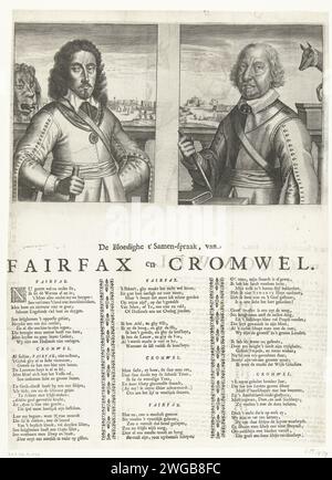 Consultazione tra Fairfax e Cromwell, 1649, 1649 - 1650 stampa Leaf con i ritratti di Thomas Fairfax e Oliver Cromwell. Sotto il record, la rivista è stampata sulla rivista in 3 colonne in olandese tra Fairfax e Cromwell sulla situazione in Inghilterra dopo la cattura e la decapitazione del re inglese Carlo i a Londra il 30 gennaio 1649. Una testa di leone dietro Fairfax, dietro Cromwell una volpe. Incisione su carta nei Paesi Bassi del Nord / stampa di tipografia morte violenta per decapitazione. sul ponteggio o sul luogo di esecuzione. giacente in stato Foto Stock