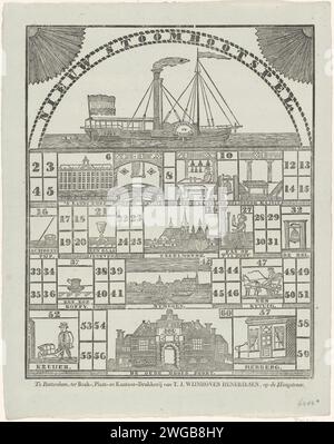 Steamboat game, CA. 1823-1829, Paulus Emans, 1823 - 1829 stampa. Gioco da tavolo chiamato Steamboat game. In cima all'immagine di un battello a vapore, probabilmente la nave a vapore a pale "De Nederlander", costruita nel 1823. Sotto i corsi 2-60. Parte di un gruppo di giochi per bambini e da tavolo stampati nel periodo ca. 1750-1850. La stampa comprende due fogli separati con un numero di tessera e le regole. Giochi da tavolo per la stampa letterpress di Rotterdam. barca a pale Foto Stock