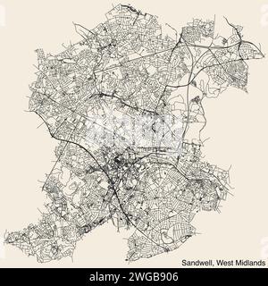 Mappa stradale del METROPOLITAN BOROUGH DI SANDWELL, WEST MIDLANDS Illustrazione Vettoriale