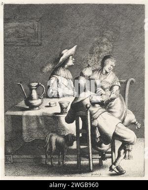 Il fumatore soffia fumo per una donna, Jan Gillisz. Van Vliet, 1634 stampe in un interno ci sono due uomini e una donna intorno a un tavolo. Uno degli uomini soffia il fumo da un tubo in direzione della donna che le tiene la mano in alto. In primo piano un cane. Un peltro è possibile sul tavolo, un roemer e una scatola di tabacco. Incisione/incisione di carta Leiden odore, odore (uno dei cinque sensi). pipa  tabacco. contenitore di metallo: secchio, lattina, tanica, tamburo, stagno. vetro, rummer. cane. tabella Foto Stock