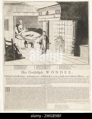 La meravigliosa guarigione di Jeske Klaes, 1676, 1679 stampa la meravigliosa guarigione di Jeske Klaes, ha avuto luogo tra il 13-16 ottobre 1676 ad Amsterdam. La donna è in piedi nel suo letto e ringrazia l'angelo, nel vom di un ragazzo di circa 10 anni, per la guarigione delle sue gambe paralizzate. Nella tavola 3 versi di 4 righe, sotto la foglia, una descrizione del miracolo in 2 colonne. Tipografia: Olanda settentrionale spublisher: Incisione/stampa su carta di Amsterdam miracolosa guarigione. angels Amsterdam Foto Stock