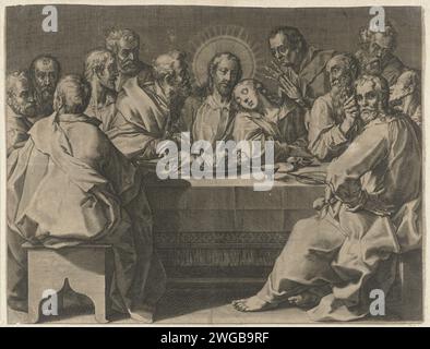 L'ultima cena, Anonimo, dopo Johann Sadeler (i), dopo Peter de Witte, 1560 - 1650 stampa Cristo e i suoi studenti intorno a un tavolo rettangolare. Giovanni con la testa sulla spalla di Cristo. Giuda, al centro di fronte, con un sacchetto di soldi sulla cintura, simbolo del suo tradimento. La stampa ha una didascalia latina con un verso della Bibbia (Luc. 22). Carta sconosciuta incisione ultima cena (in generale) (Matteo 26:21-35; Marco 14:18-31; Luca 22:3, 22:15-23; Giovanni 13:21-38) Foto Stock