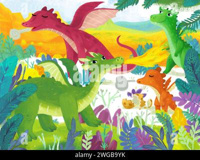 scena di cartoni animati con diversi dinosauri sorridenti nella giungla primitiva illustrazione preistorica divertente per i bambini Foto Stock