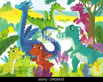 scena di cartoni animati con diversi dinosauri sorridenti nella giungla primitiva illustrazione preistorica divertente per i bambini Foto Stock