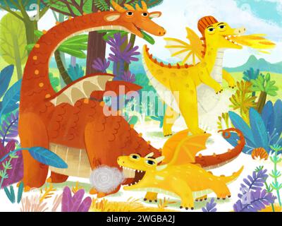 scena di cartoni animati con diversi dinosauri sorridenti nella giungla primitiva illustrazione preistorica divertente per i bambini Foto Stock