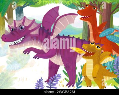 scena di cartoni animati con diversi dinosauri sorridenti nella giungla primitiva illustrazione preistorica divertente per i bambini Foto Stock