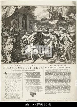 Allegoria sulle controversie nel comune luterano a l'Aia, 1739, 1739 stampa Allegoria sulle controversie nella congregazione luterana a l'Aia tra i pastori Mauritius Maassen e J.G. PAMBO, 1739. Il luterano Kerkvaag giace a terra e i suoi vestiti sono strappati da scomodi, orgoglio di sinistra e avidità sul pulpito, destra dell'autorità urbana e lo spirito di Jacob Böhme. Dalle nuvole, Martin Lutero guarda in basso sulla scena. Questa stampa può riferirsi alle dispute tra le direzioni olandesi (liberali) e tedesche (giustizia) all'interno del comune luterano di Amsterdam in Foto Stock