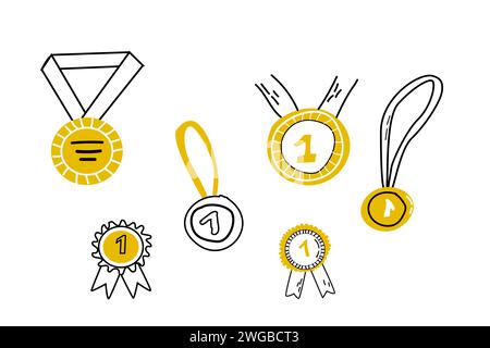 Premi medaglia Doodle e icone pin - Set disegnato a mano. Illustrazione vettoriale isolata. Illustrazione medaglia al primo posto e doodle di consapevolezza. Può essere utilizzato per etichette, striscioni, confezionamento e imballaggio. Illustrazione Vettoriale