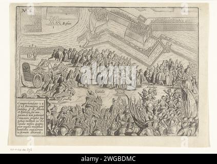 Assedio di Ostenda: L'armistizio il 24-25 dicembre 1601, 1615 stampa il cessate il fuoco il 24 e 25 dicembre 1601. Isabella e Albrecht si mostrano tra una grande folla per la città assediata. In basso a sinistra un cartiglio con un'iscrizione in latino. In basso a destra un cartiglio con iscrizione in latino. In alto a sinistra: 7. assedio incisione/incisione di carta, guerra di posizione. Armistizio, tregua Ostenda Foto Stock