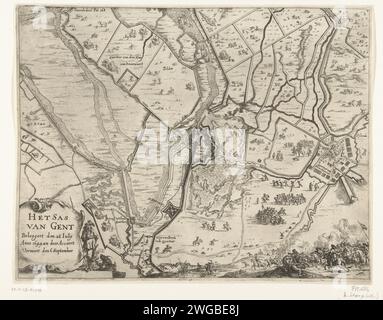 Mappa dell'assedio e della conquista di SAS-van-Gent, 1644, 1651-1652 Stampa Mappa dell'assedio della città di SAS-van Gent da parte dell'esercito Staatse al comando di Frederik Hendrik, iniziato nel luglio 28 e preso il 5 settembre 1644. Mappa di SAS-Van-Gent e del paese circostante con le dighe e gli sconse disposti dagli assedianti e dai loro accampamenti militari. In basso a sinistra un cartiglio con il titolo. In basso a destra una schermaglia. Contrassegnato in alto a sinistra: Seconda parte per 168. Tipografia: Paesi Bassi del Nord Stampa di: Amsterdam paper etching assedio, posizione guerra. Mappe di paesi o regioni separati SAS-Van-Gent Foto Stock