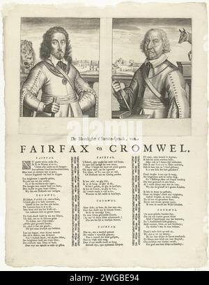 Consultazione tra Fairfax e Cromwell, 1649, 1649 - 1650 stampa Leaf con i ritratti di Thomas Fairfax e Oliver Cromwell. Sotto il record, la rivista è stampata sulla rivista in 3 colonne in olandese tra Fairfax e Cromwell sulla situazione in Inghilterra dopo la cattura e la decapitazione del re inglese Carlo i a Londra il 30 gennaio 1649. Una testa di leone dietro Fairfax, dietro Cromwell una volpe. Incisione su carta nei Paesi Bassi del Nord / stampa di tipografia morte violenta per decapitazione. sul ponteggio o sul luogo di esecuzione. giacente in stato Foto Stock