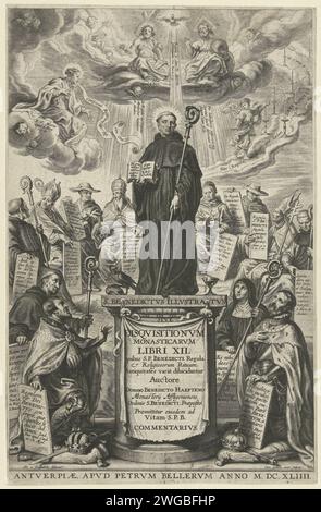 H. Benedictus con il personale e il libro del vescovo, Cornelis Galle (II), dopo Abraham van Diepenbeeck, 1644 stampa il santo Benedetto con il personale del vescovo e libro in piedi su un piedistallo circondato dai fondatori degli altri ordini monastici. Due capi secolari su entrambi i lati del piedistallo, inginocchiati. In cielo Cristo, Dio padre e Spirito Santo sotto forma di piccione. Incisione di carta di Anversa Benedetto di Nurcia, abate di Monte Cassino e fondatore dell'ordine benedettino; possibili attributi: Aspergillum, libro, tazza (a volte rotta), corvo con pagnotta, crivello (o vassoio). ordini monastici, l monastico Foto Stock