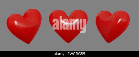 Collezione Red Hearts, 3 diverse rotazioni, Symbol Love. Biglietto di San Valentino. 3d realistico isolato su sfondo grigio. Illustrazione vettoriale Illustrazione Vettoriale