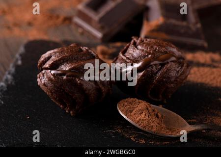 in primo piano, in un ambiente scuro, baci al cioccolato, polvere di cacao e pezzi di cioccolato fondente. Foto Stock