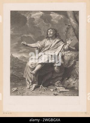 Johannes de Evangelist op Patmos, Francesco di Poilly (i), dopo Charles le Brun, 1657 - 1681 stampa France paper Engraving / Etching John (scrittura) sull'isola di Patmos, forse l'aquila accanto a lui Foto Stock