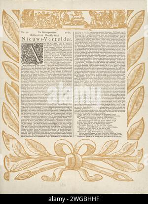 Nieuwsblad sul matrimonio di Karel Christiaan van Nassau-Weilburg con la principessa Carolina, 1760, 1760 fogli stampati con una descrizione stampata del matrimonio di Karel Christiaan van Nassau-Weilburg con la principessa Carolina nel Grote Kerk a l'Aia il 5 marzo 1760. Testo che inizia con un Initital A decorato in un bordo decorativo con foglie, in cima una vignetta con Apollo e le muse sul Parnaso. Carta da lettere Amsterdam che stampa Apollo and the Muses, Apollo Musagetes Foto Stock