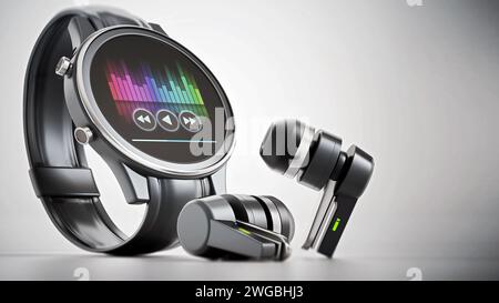 Smartwatch generico e cuffie bluetooth wireless. Illustrazione 3D. Foto Stock