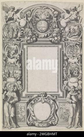 Frontespizio con due rappresentazioni clericali e bibliche, Anonymous, 1650 - 1750 stampare Una cornice con diversi cartigli con performance bibliche. In basso a sinistra uno spiritualem cattolico, sotto un monaco. Al centro di un cartiglio con la Santa trinità e un'immaginazione della creazione. In senso orario: La creazione di Eva, la caduta, l'annuncio a Maria, la crocifissione, Mosè con la cena della legge e un cartiglio con fede, speranza e amore. Nei sotterranei in fondo al giudizio universale e all'inferno. Al centro di un cartiglio ornamentale vuoto. Forse una pagina del titolo. Paesi Bassi meridionali p Foto Stock