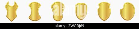 Collezione di medaglie in vetro e con segni lucidi. Illustrazione vettoriale. Set di realistici scudi per icone araldiche dorate. Sfondo trasparente. Illustrazione Vettoriale