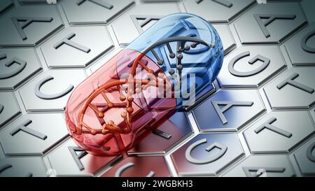 Capsula con elica di DNA su fondo adenina, timina, citosina e guanina. Illustrazione 3D. Foto Stock