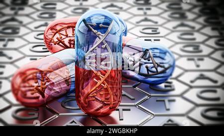 Capsula con elica di DNA su fondo adenina, timina, citosina e guanina. Illustrazione 3D. Foto Stock
