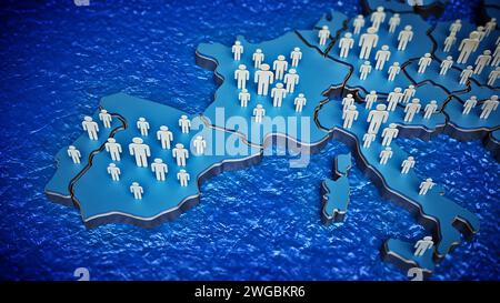 I piccoli in 3D che si levano in piedi sulla mappa dell'Europa. Illustrazione 3D. Foto Stock