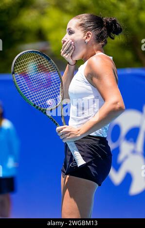 Darja Semenistaja della Lettonia durante la finale di doppio del torneo Canberra International WTA 125 del 2024 Foto Stock