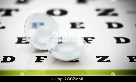 Set di lenti ottiche in piedi sulla tabella di prova degli occhi. Illustrazione 3D. Foto Stock