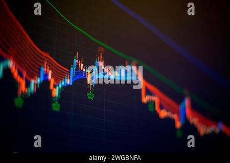 Stock trading, crypto valuta sfondo. Analisi del mercato. Grafici a barre, diagrammi dati finanziari Foto Stock
