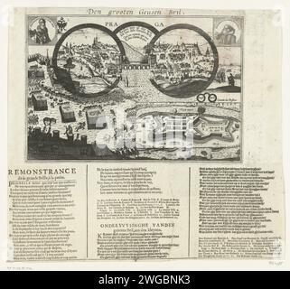 Cartoni animati sull'assunzione di Schans Papenmuts e la caduta di Frederik van Bohemen, 1622, 1622 stampa Cartoon sull'assunzione da parte degli spagnoli di Schans Papenhoot nel Reno il 29 dicembre 1622 e la caduta di Frederik van de Palts, re di Boemia, 1622. Vista della città di Praga, vista da grandi bicchieri (i grandi occhiali Geuzen) e la sconfitta di Frederik nella battaglia del Witte Berg (8 novembre 1620). In basso a destra, il proiettile del cappello Papen, qui ci sono piccoli bicchieri (i bicchieri papen). Nei ritratti in alto dell'imperatore Ferdinando II e del Palatino Federico V. bloccato sotto lo spettacolo Foto Stock