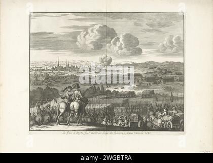 Il rilievo di Kamerijk da parte del Duca d'Angiò, 1581, 1678 - 1680 stampa Kamerijk assediata dal Duca di Parma ma sollevata dal Duca d'Angiò, 16 agosto 1581. Vista della città dalla posizione dell'esercito di Angiò, in primo piano due signori di campo a cavallo. Le truppe di Parma lasciano le loro caserme in giro per la città. Carta dei Paesi Bassi settentrionali che solleva l'assedio con assistenza esterna, sollievo Cambrai Foto Stock