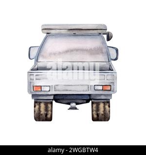 Auto bianca con vista posteriore e portapacchi. Elemento disegnato a mano per avventura, turismo, turismo, outdoor, fuoristrada 4x4, riparazione auto. Illustrazione acquerello Foto Stock