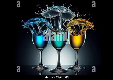 Tre bicchieri da vino con bevande multicolore e corone da spruzzo Foto Stock