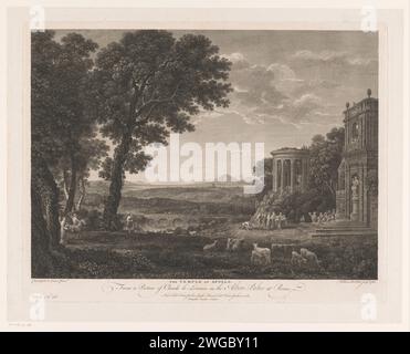 Paesaggio con padre di Psiche che sacrifica per il tempio di Apollo, William Woollett, dopo Claude Lorrain, 1760 stampa numerata in basso a sinistra: Piena. II. No. 46. Tipografia: Englandpublisher: London paper etching (storia di) Apollo (Phoebus). Il padre di Psyche consulta l'oracolo. bovini. Sacrificio animale  religione romana. tempio, santuario  religione romana. Paesaggio con ponte, viadotto o acquedotto - II - paesaggi ideali Foto Stock