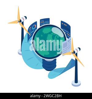 Lampadina isometrica piatta 3d World Inside alimentata da turbine eoliche. Concetto di energia pulita e energia rinnovabile. Illustrazione Vettoriale