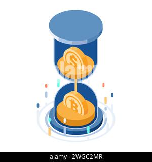 Flat 3d Isometric Dollar trasformato in Bitcoin Inside Hourglass. Fiat Money and Cryptocurrency Exchange Illustrazione Vettoriale